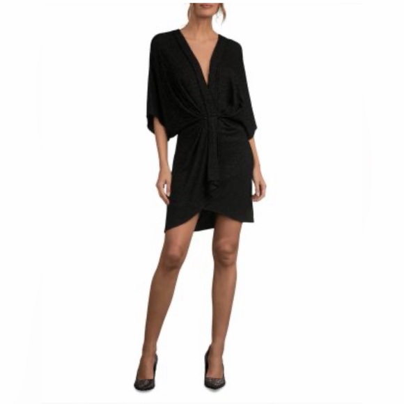 NWT Elan Glitter Gathered Dolman Sleeve Black Mini Dress Size Medium. - Picture 2 of 9
